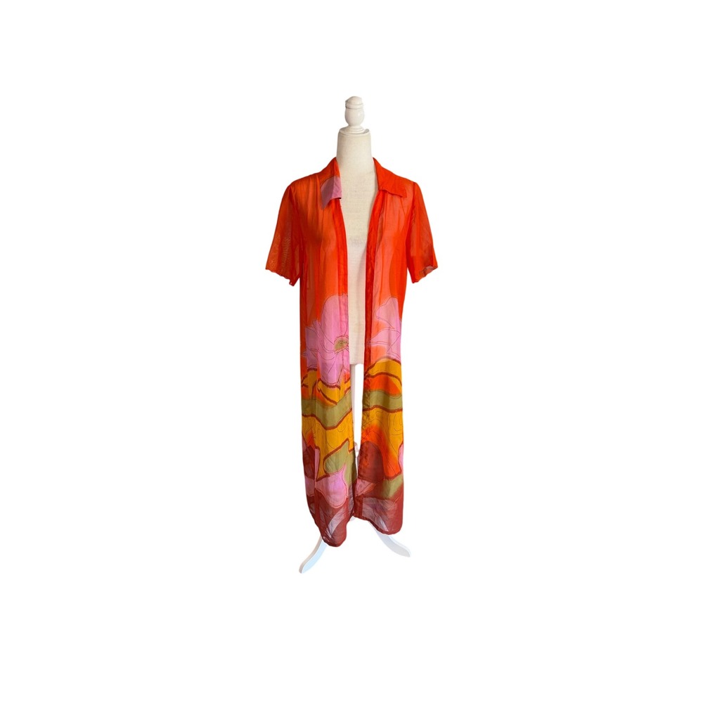 Vintage 80s Nancy-K Sheer Floral Duster Cover Up | Orange Resort Beach Kimono
